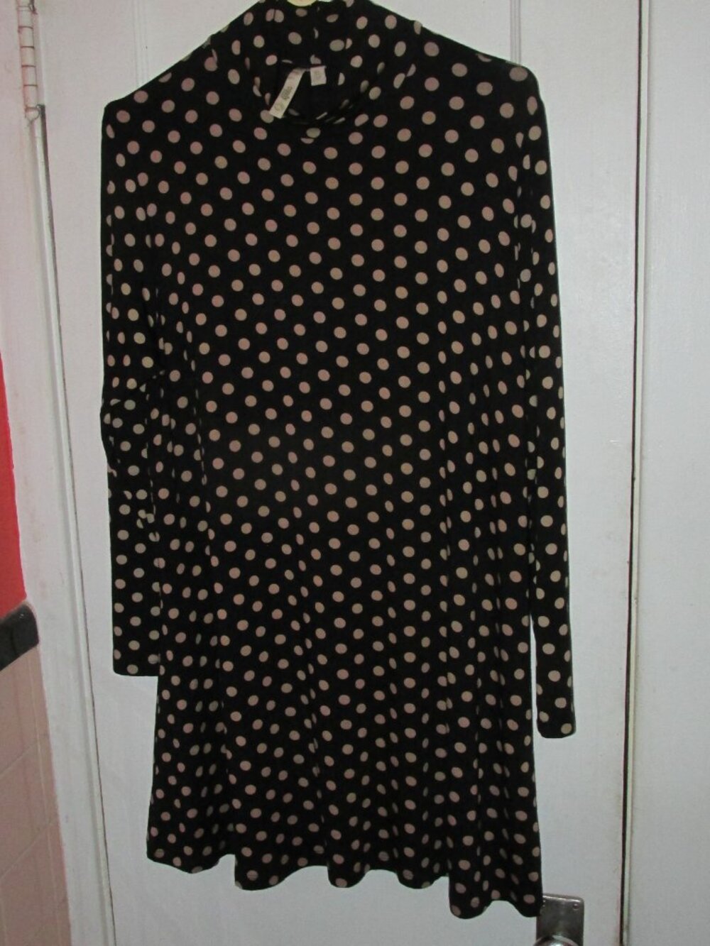 XL Comfy USA Long Sleeve Tunic Dress Polka Dot Stretchy Mock Neck or Large